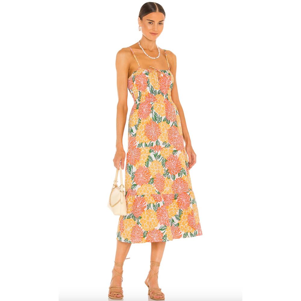 Faithful the Brand Shaloom Midi Dress Mariposa Floral Print Linen Sundress M